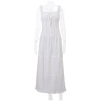 White Pleated Lace Up Square Collar Ruffle Maxi Dress