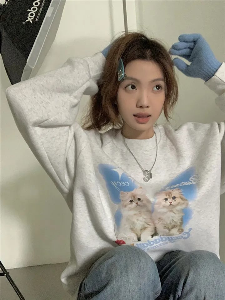 Cat Print Long Sleeve Sweatshirt