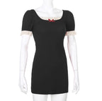 Cute Summer Square Neck Lace Patchwork Elegant Bodycon Short Sleeve Mini Dress Aesthetic Casual E-Girl Kawaii Korean Japanese Harajuku