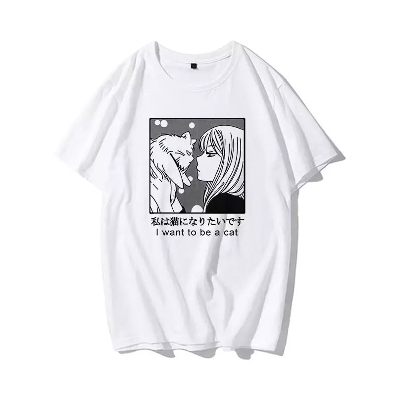 Cute Vintage Sweet Funny Cat Anime Girl Print Loose Short Sleeve Short T-shirt Tee Top Summer Casual E-Girl Kawaii Korean Japanese Harajuku Streetwear