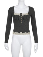 Grey Patchwork Square Neck Collar Long Sleeve Shirt