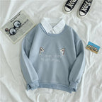 Cute Cat Kitten Print Polo Collar 2 Pcs Sweatshirt Sweater Pullover Jumper Long Sleeve Shirt Casual E-Girl Kawaii Korean Japanese Harajuku Streetwear