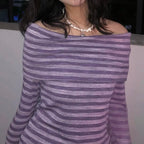 Purple Stripe Slash Neck Long Sleeve Shirt
