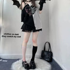 Black & White Heart Rib Skull Short Sleeve T-shirt