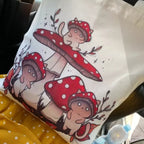 Cute Cat Ghost Mushroom Print Reusable Shopping Bag Canvas Tote Bag Shoulder Bag Aesthetic Casual E-Girl Kawaii Korean Japanese Harajuku