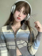 Striped Zipper Knit Cropped Jumper