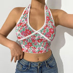 Cute Sexy Floral Halter Patchwork Knit Tank Crop Top Vintage Beach Aesthetic Casual Summer E-Girl Kawaii Korean Japanese Harajuku Stree