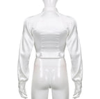 Cute White Silk Hollow Out Collar Cropped Top Long Sleeve Shirt Blouse Elegant Aesthetic Casual E-Girl Kawaii Korean Japanese Harajuku