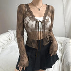 Brown Lace Mesh Tie Up Cardigan
