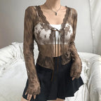 Brown Lace Mesh Tie Up Cardigan
