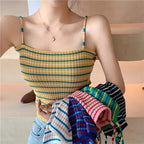 Cute Stripe Knit Cropped Tank Top Spaghetti Strap Camisole Sleeveless Shirt T-shirt Top E-Girl Kawaii Korean Japanese Harajuku Streetwear