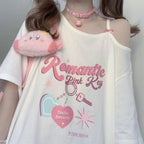 Sweet Pink Print Off Shoulder Short Sleeve T-shirt