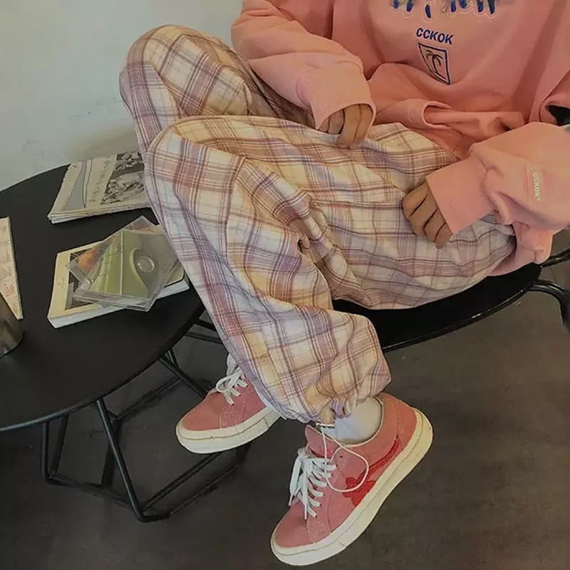 Cute Pastel Pink Checkered Plaid Pants Autumn Punk High Waisted Causal Loose Trouser Hip Hop Bottoms E-Girl Kawaii Korean Japanese Harajuku Streetwear