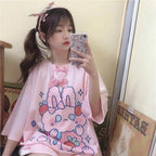 Cute Pastel Pink Sweet Rabbit Crying Strawberry Print Oversized Short Sleeve Shirt Aesthetic Casual E-Girl Kawaii Korean Japanese Harajuku