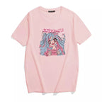 Cute Sweet Vintage Pastel Pink Anime Girl Cartoon Print Short Sleeve Shirt Loose T-shirt Top E-Girl Kawaii Korean Japanese Harajuku Streetwear