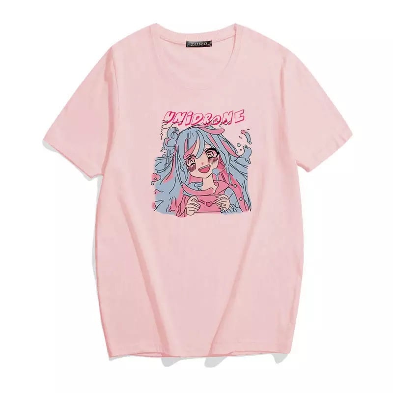 Cute Sweet Vintage Pastel Pink Anime Girl Cartoon Print Short Sleeve Shirt Loose T-shirt Top E-Girl Kawaii Korean Japanese Harajuku Streetwear