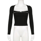 Black Bow Square Collar Long Sleeve Shirt