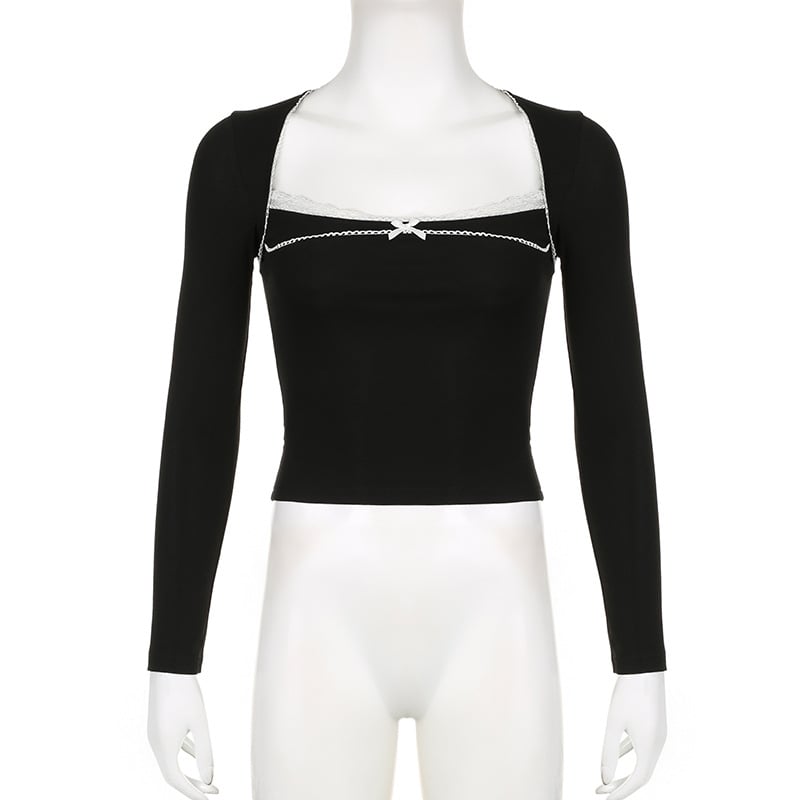 Black Bow Square Collar Long Sleeve Shirt