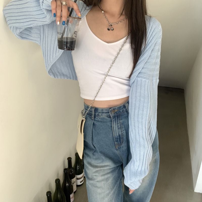 Pastel Bat Wing Knit Cropped Cardigan