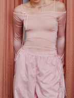 Pink Bow Off Shoulder Long Sleeve Top