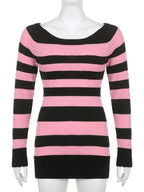 Pink & Black Stripe Off Shoulder Knit Dress
