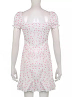 White Floral Puff Short Sleeve Lace Patchwork Mini Dress Summer Aesthetic Casual E-Girl Kawaii Korean Japanese Harajuku