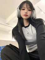 Black & Grey Patchwork Long Sleeve Crop Top
