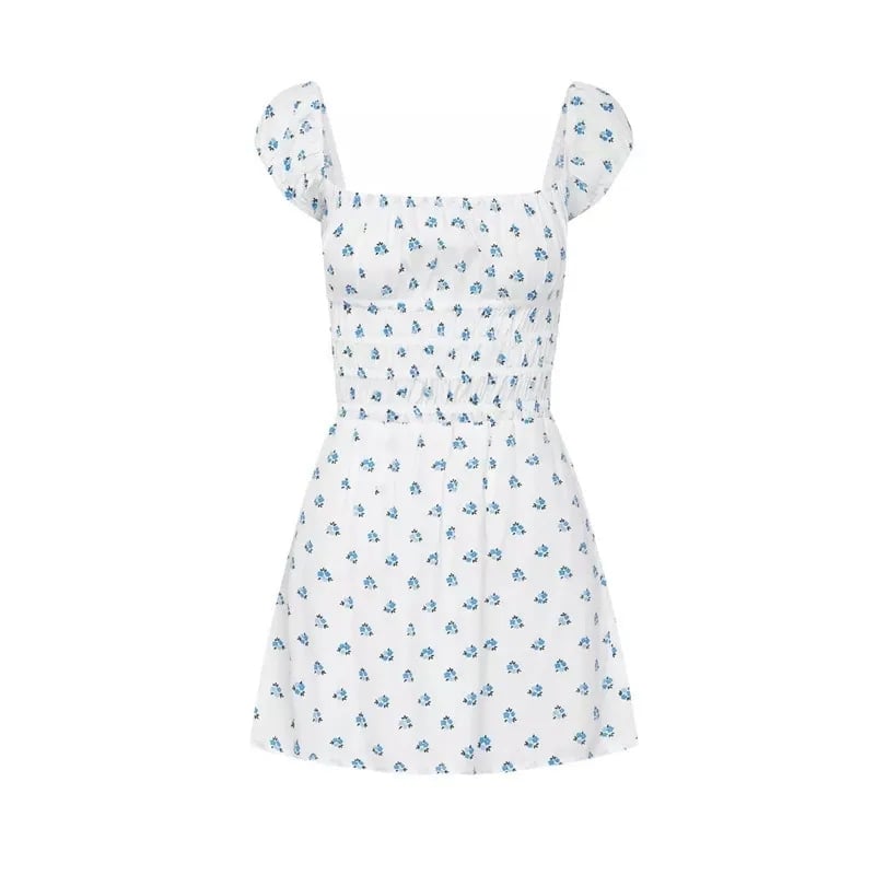 Blue Floral Puff Sleeve Mini Dress