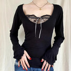 Black Lace Patchwork Long Sleeve Shirt