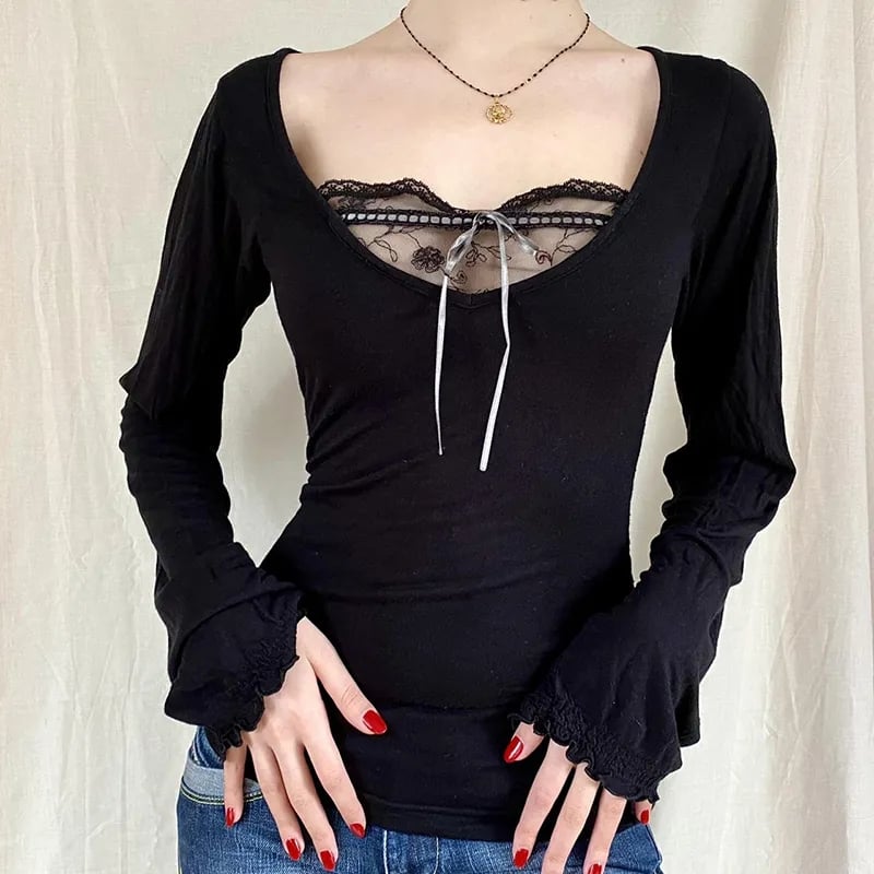 Black Lace Patchwork Long Sleeve Shirt