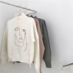 Cute Geometric Face Knit Turtleneck Oversized Sweater Long Sleeve Shirt Pullover Sweatshirt E-Girl Kawaii Korean Japanese Harajuku Retro Streetwear