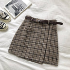 Cute Plaid Irregular Sweet High Waisted A-line Mini Skirt Vintage Autumn Casual School Girl E-Girl Kawaii Korean Japanese Harajuku Retro Streetwear