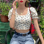Sweet Floral Print Puff Bell Sleeve Short T-shirt Button Round Neck Crop Top Summer Aesthetic Casual E-Girl Kawaii Korean Japanese Harajuku