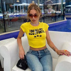 Yellow Funny Own Stunts Graphic Print Short Sleeve Shirt Crop Top Summer Aesthetic Casual E-Girl Kawaii Korean Japanese Harajuku