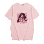 Cute Sweet Vintage Black Anime Girl Cartoon Print Short Sleeve Shirt Oversize Loose T-shirt Top Goth E-Girl Kawaii Korean Japanese Harajuku Streetwear
