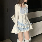 2PCS Blue Japanese Blouse + Vintage Mini Skirt