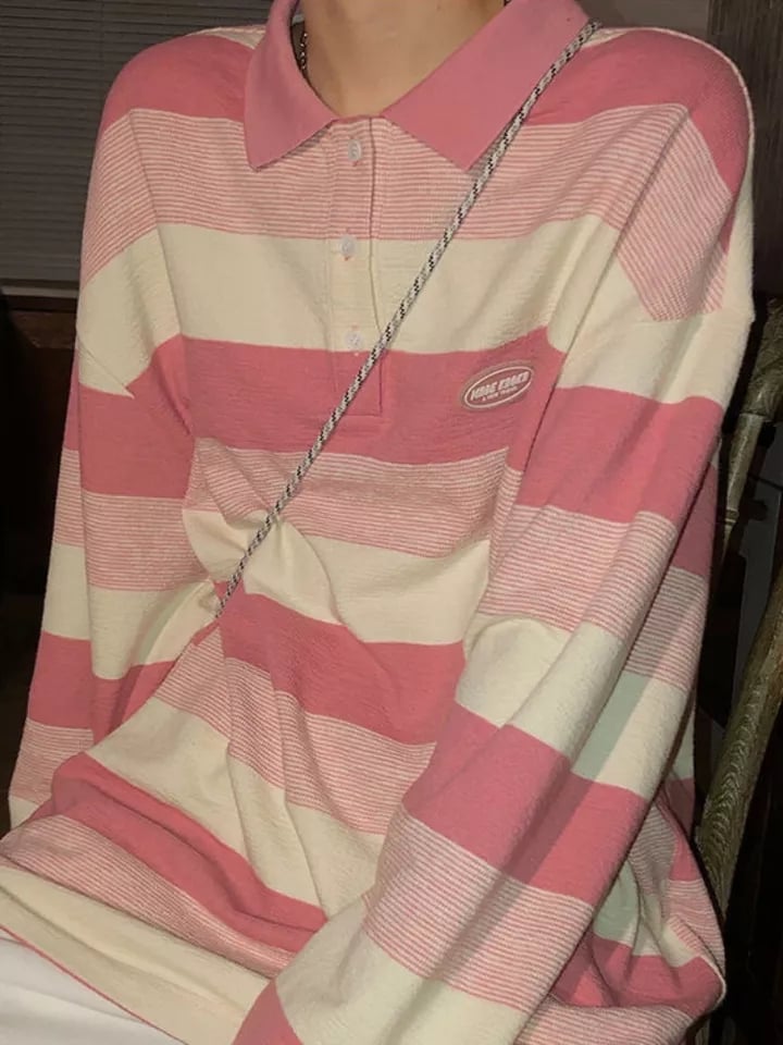 Pink Striped Oversized Preppy Long Sleeve T-shirt