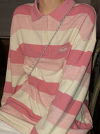 Pink Striped Oversized Preppy Long Sleeve T-shirt
