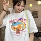 Cute Sweet Graffiti Bear Letter Print Short Sleeve Shirt Top Loose Oversize Aesthetic Casual Summer E-Girl Kawaii Korean Japanese Harajuku