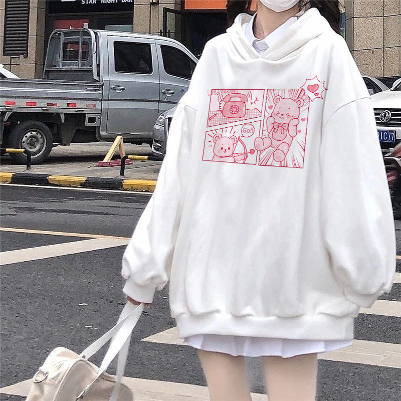 Pink Bear Cartoon Print Hoodie