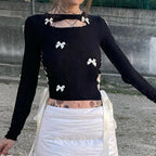 Black Bow Ribbon Hollow Out Knit Long Sleeve Shirt