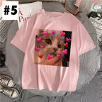 Cute Pink Funny Cat Kitten Meme Cartoon Print Loose Short Sleeve Short T-shirt Tee Top Summer Casual E-Girl Kawaii Korean Japanese Harajuku Streetwear