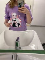 Cute Pink Black Sweet Vintage Anime Girl Cartoon Loose Short Sleeve Shirt Tee T-shirt Summer Casual E-Girl Kawaii Korean Japanese Harajuku Streetwear