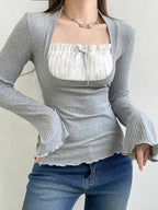 2PCS Milkmaid Patchwork Long Sleeve T-shirt