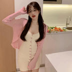 2PCS Rose Button Knit Dress + Cardigan