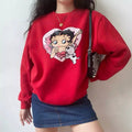 Cute 80s 90s Red Heart Vintage Cartoon Girl Long Sleeve Shirt Hoodie Pullover Sweatshirt Casual E-Girl Kawaii Korean Japanese Harajuku Streetwear