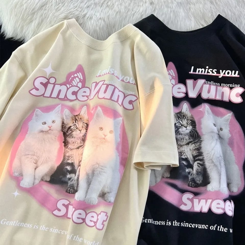 Retro Cat Print Short Sleeve T-shirt