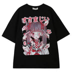 Cute Japanese Girl Punk Goth Print Oversized Short Sleeve Shirt Tee T-shirt E-Girl Kawaii Korean Japanese Harajuku Retro Streetwear Aesthetic