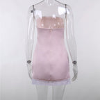 Pink Satin Lace Trim Strapless Dress