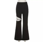 Cute Sexy Black High Waist Flare Trousers Cut Out Hollow Pants Summer Aesthetic Casual E-Girl Kawaii Korean Japanese Harajuku